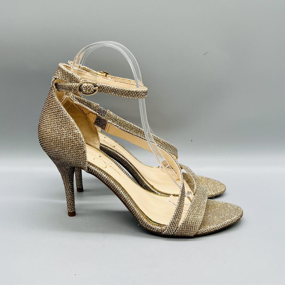 Jessica Simpson Sandals Womens 8 Gold Glitter JS-Mazey Ankle Strap Heel Shoes